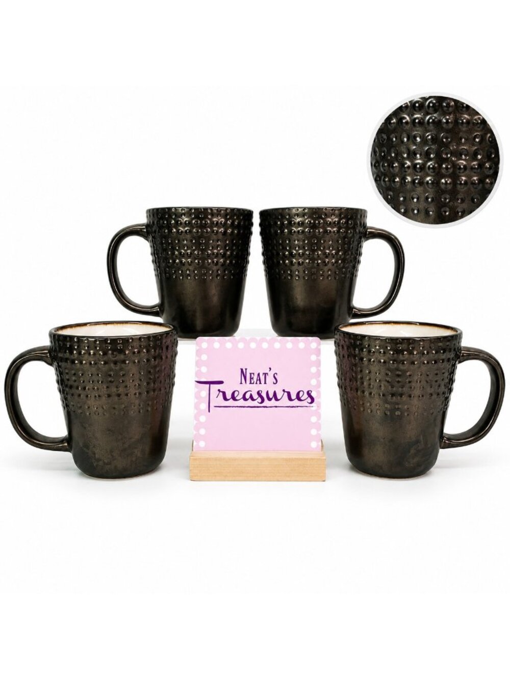 Mikasa Basic Gourmet AVERY Bronze Embossed Dots 16oz Stoneware Cups Mugs Set 4